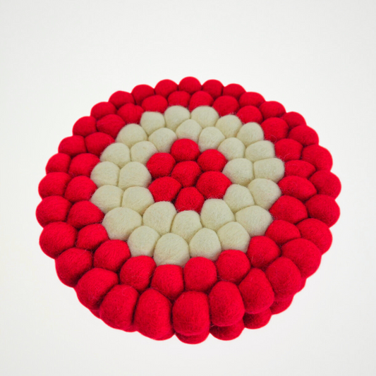Red and White Pom Pom Felt Ball Trivet-Set Of 2Pcs.