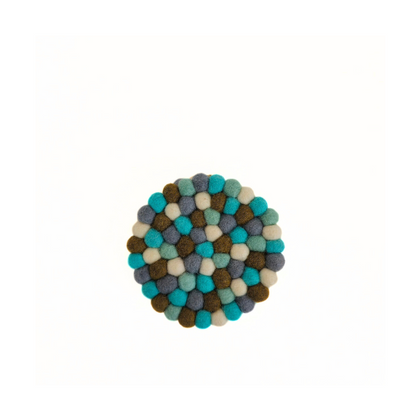 Multi-Turquoise Felt Pom Pom Coaster, Set Of 2 Pieces