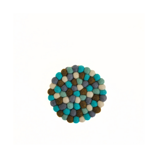 Multi-Turquoise Felt Pom Pom Coaster, Set Of 2 Pieces