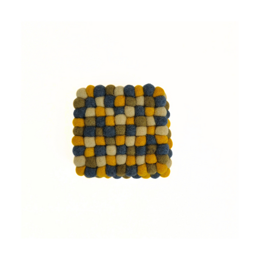 Mustard-Gray Felt Pom Pom Coaster, Set Of 2 Pieces