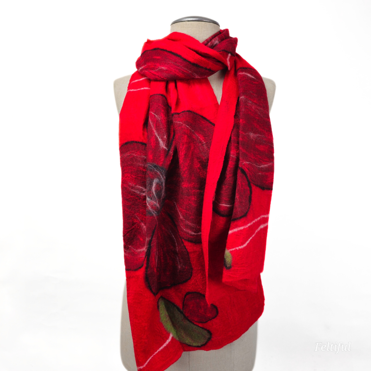 Merino Wool & Silk Maroon Flower Felted Scarf