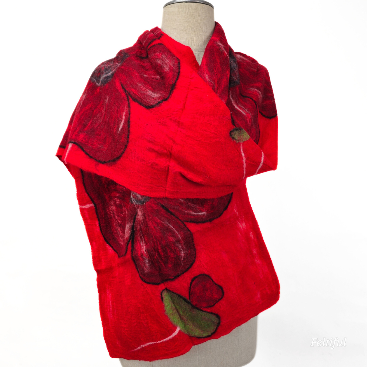 Merino Wool & Silk Maroon Flower Felted Scarf