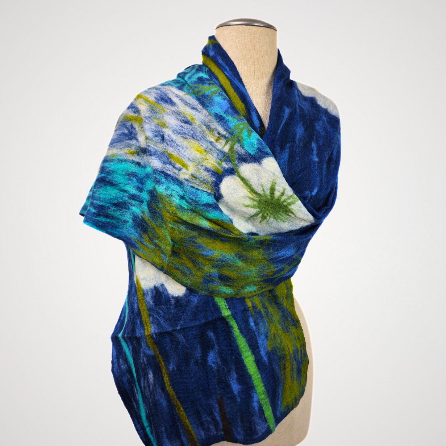 Merino Wool & Silk White Flower Felted Scarf