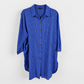 Blue pinstripe cotton high-low tunic shirt, front without hanger and two-hole buttons
