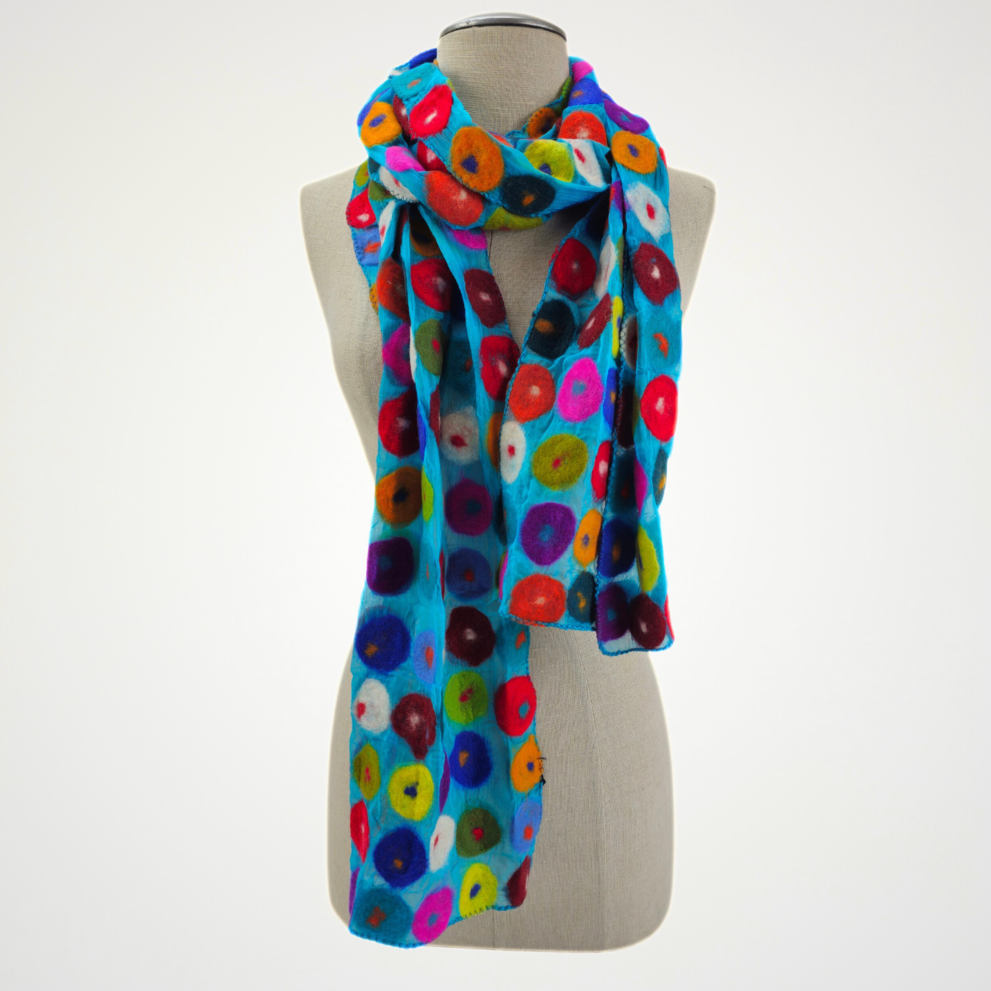 Blue Multi Polka Dotted Merino Wool Felted Scarf