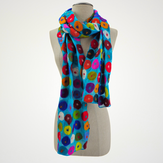 Blue Multi Polka Dotted Merino Wool Felted Scarf