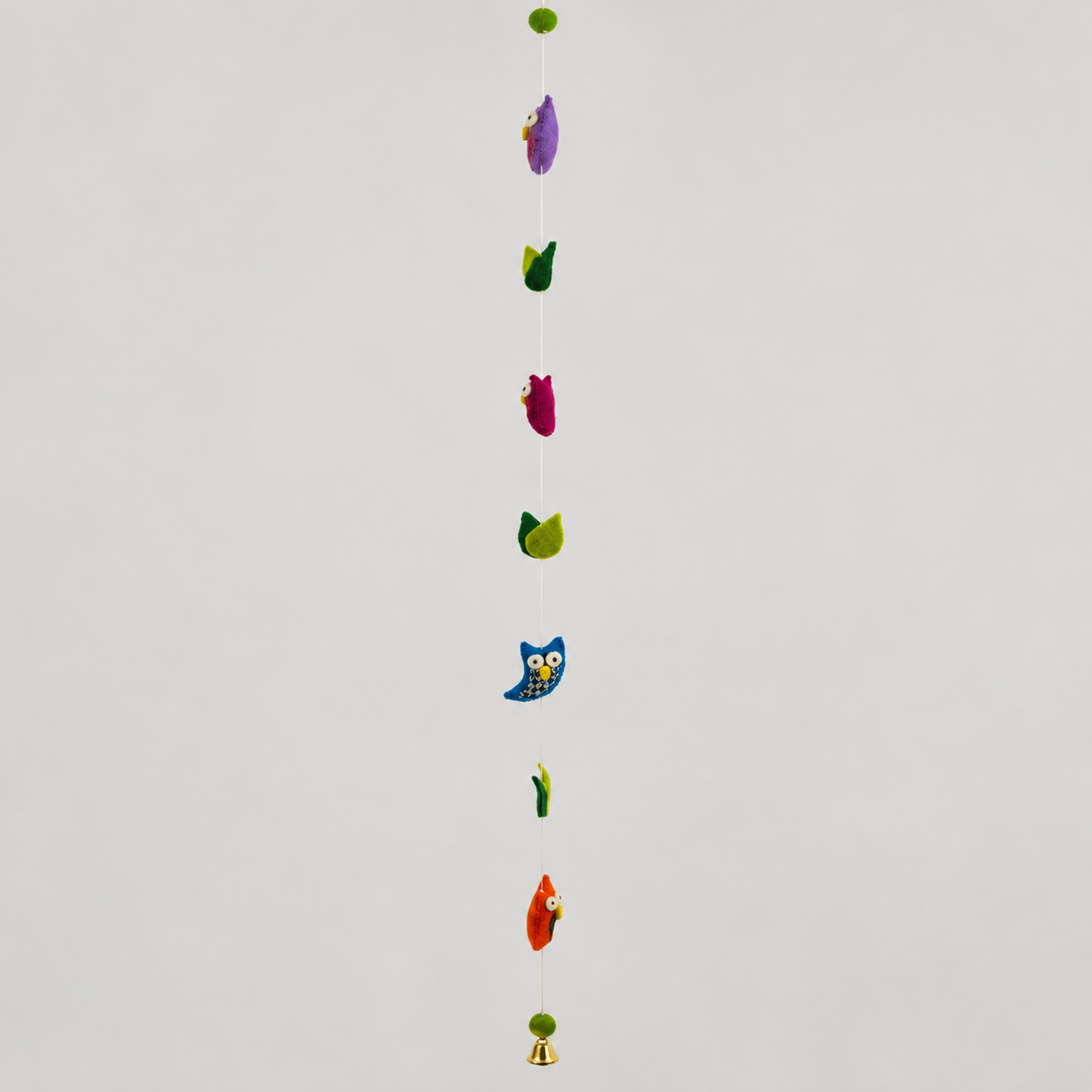 Full handmade wool owl garland with four colorful owls, green leaves and gold bell