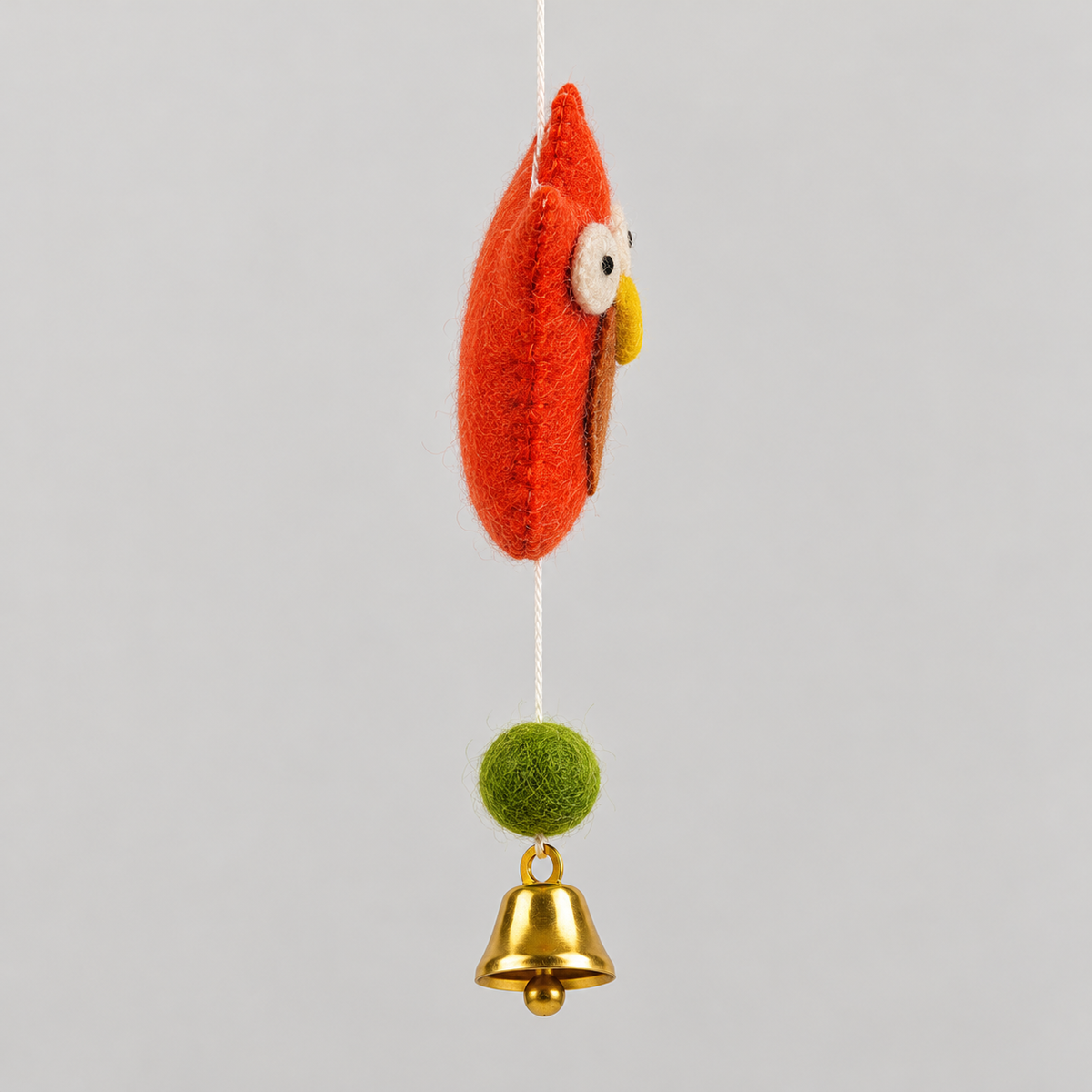 Orange owl, green felt ball and gold bell detail