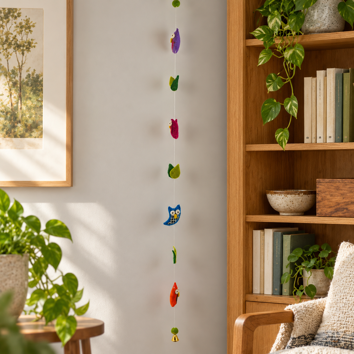 Wool owl garland displayed beside an oak bookcase