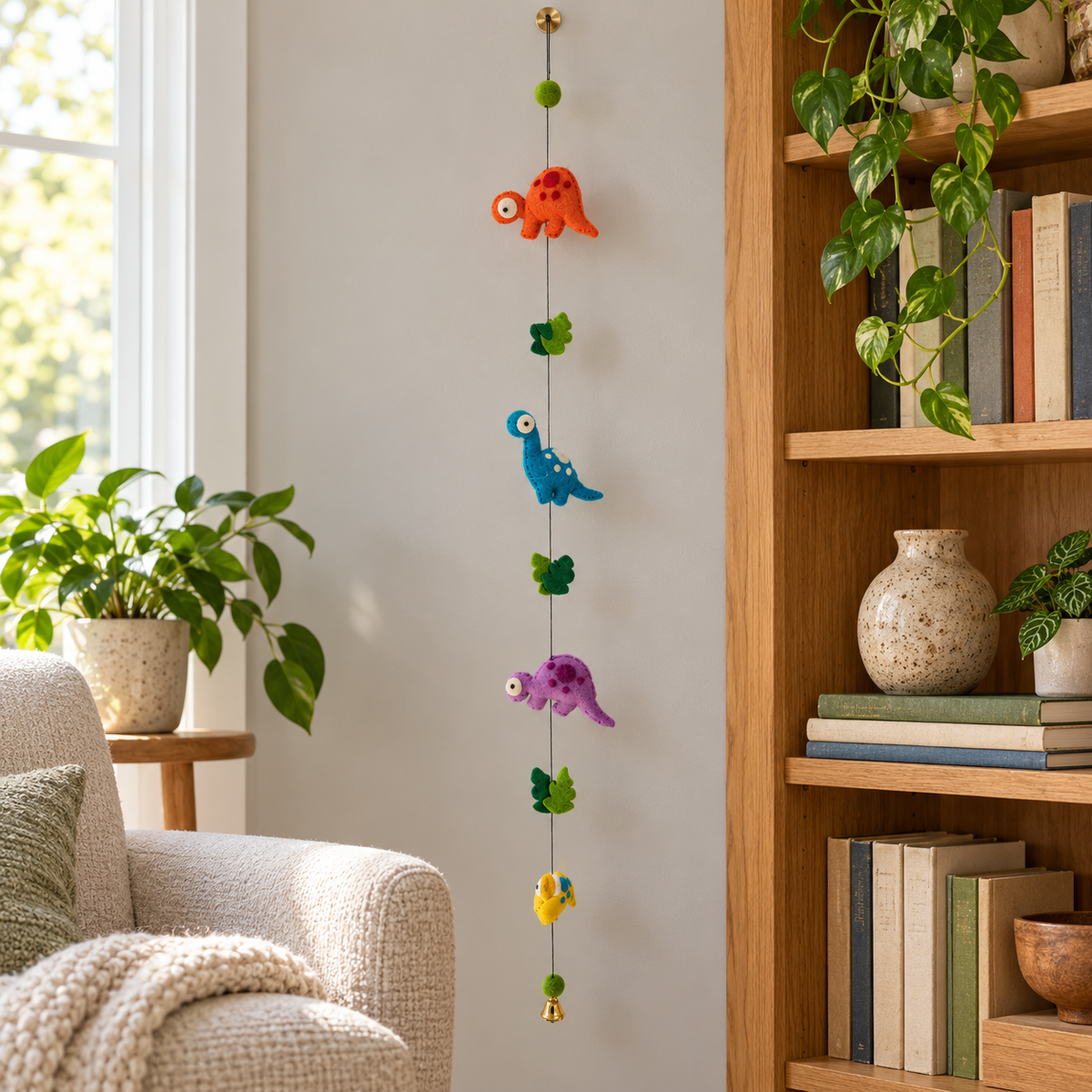 Colorful dinosaur garland displayed beside an oak bookcase