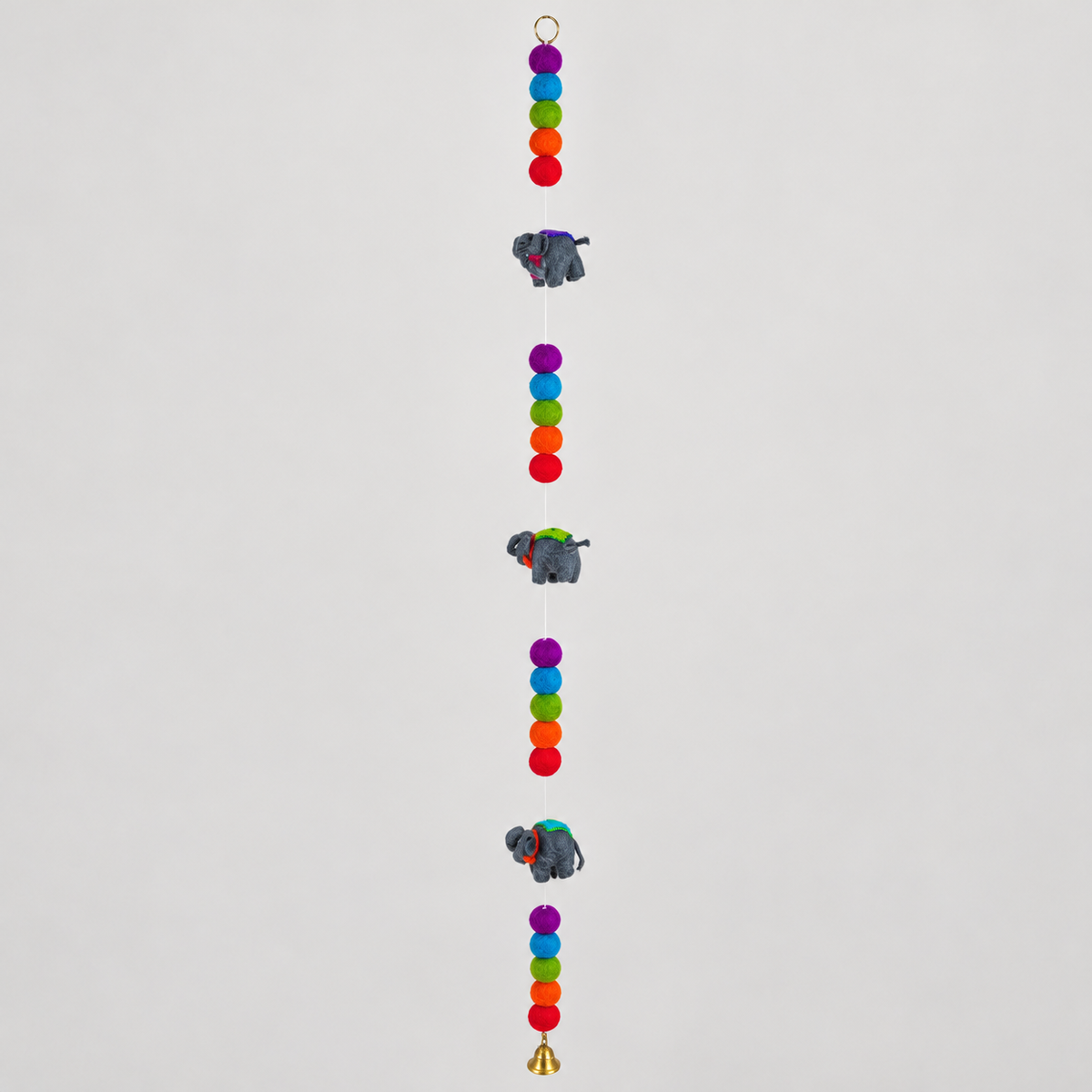 Full handmade wool elephant garland with colorful felt balls and gold-tone bell