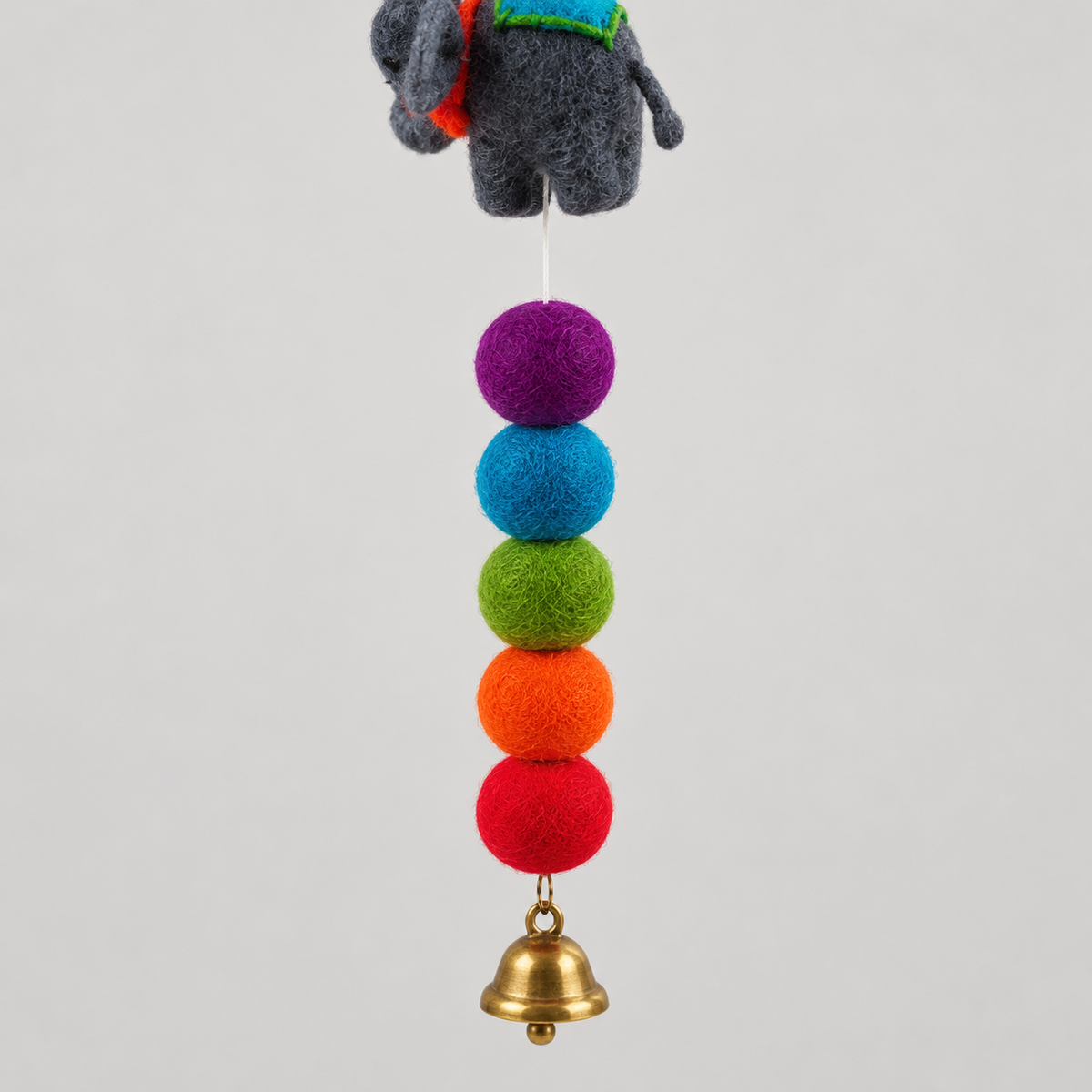 Colorful wool felt balls and gold-tone bell detail
