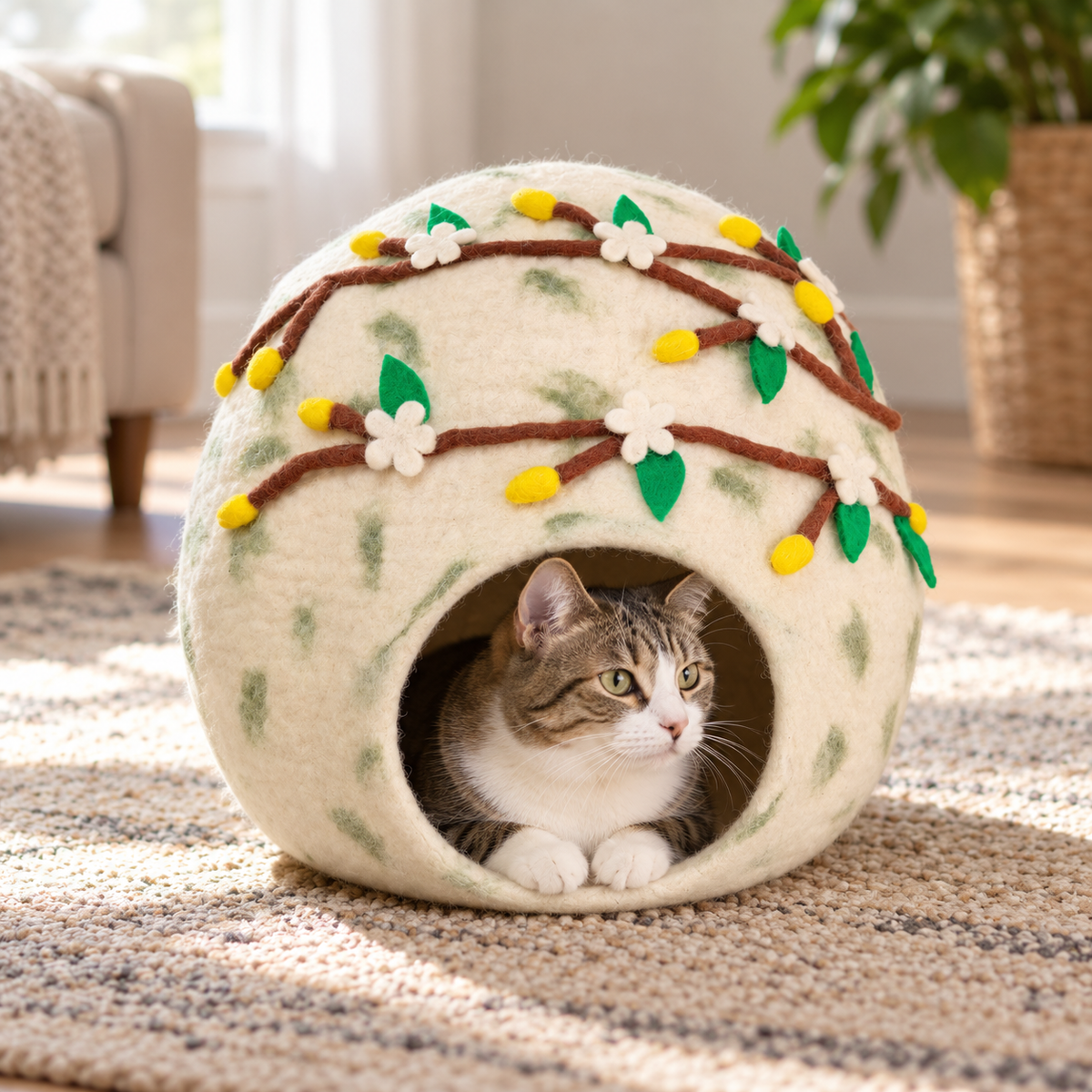 Natural tabby-and-white cat resting inside CC102 floral wool cat cave.