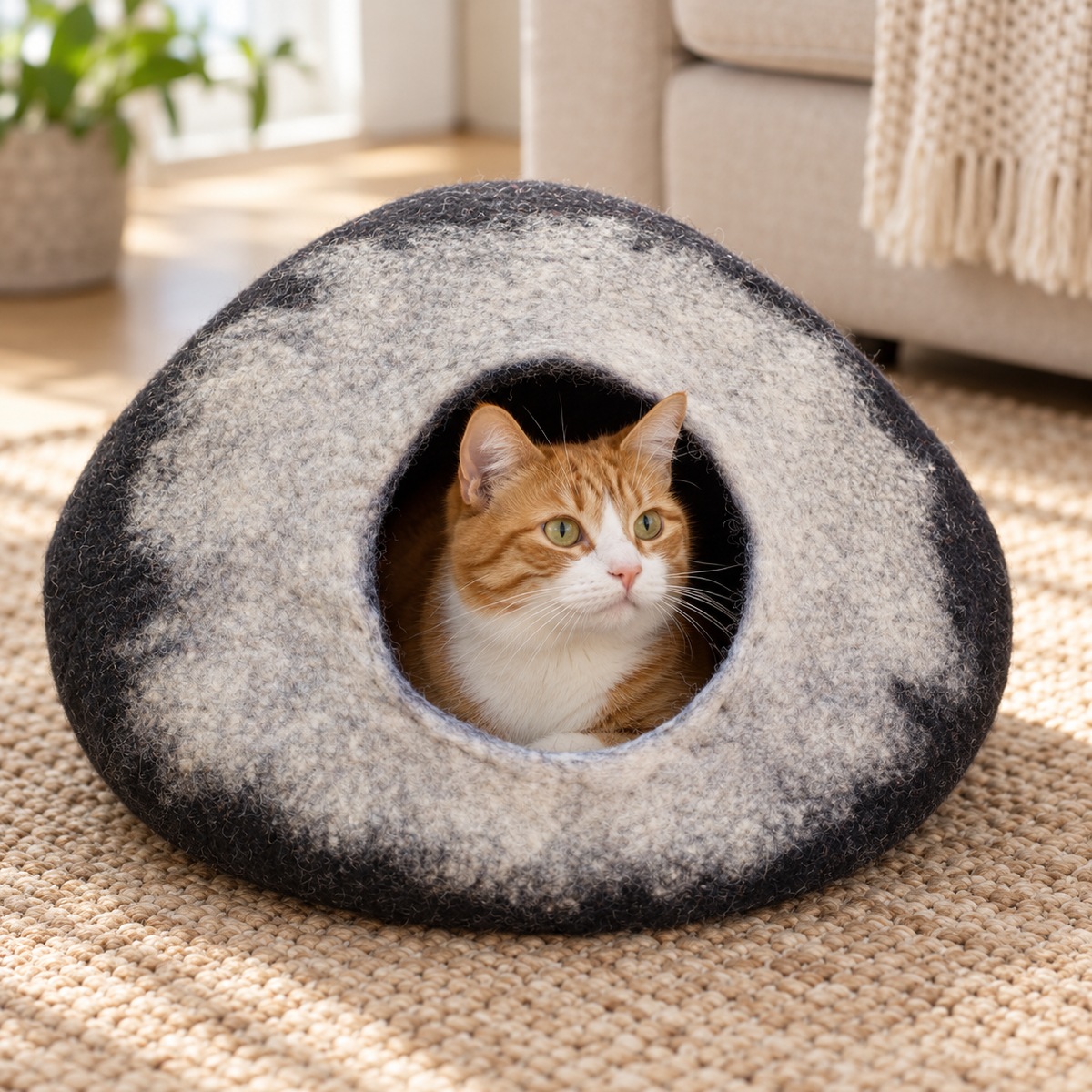 Natural ginger-and-white cat resting inside the CC103 wool cat cave