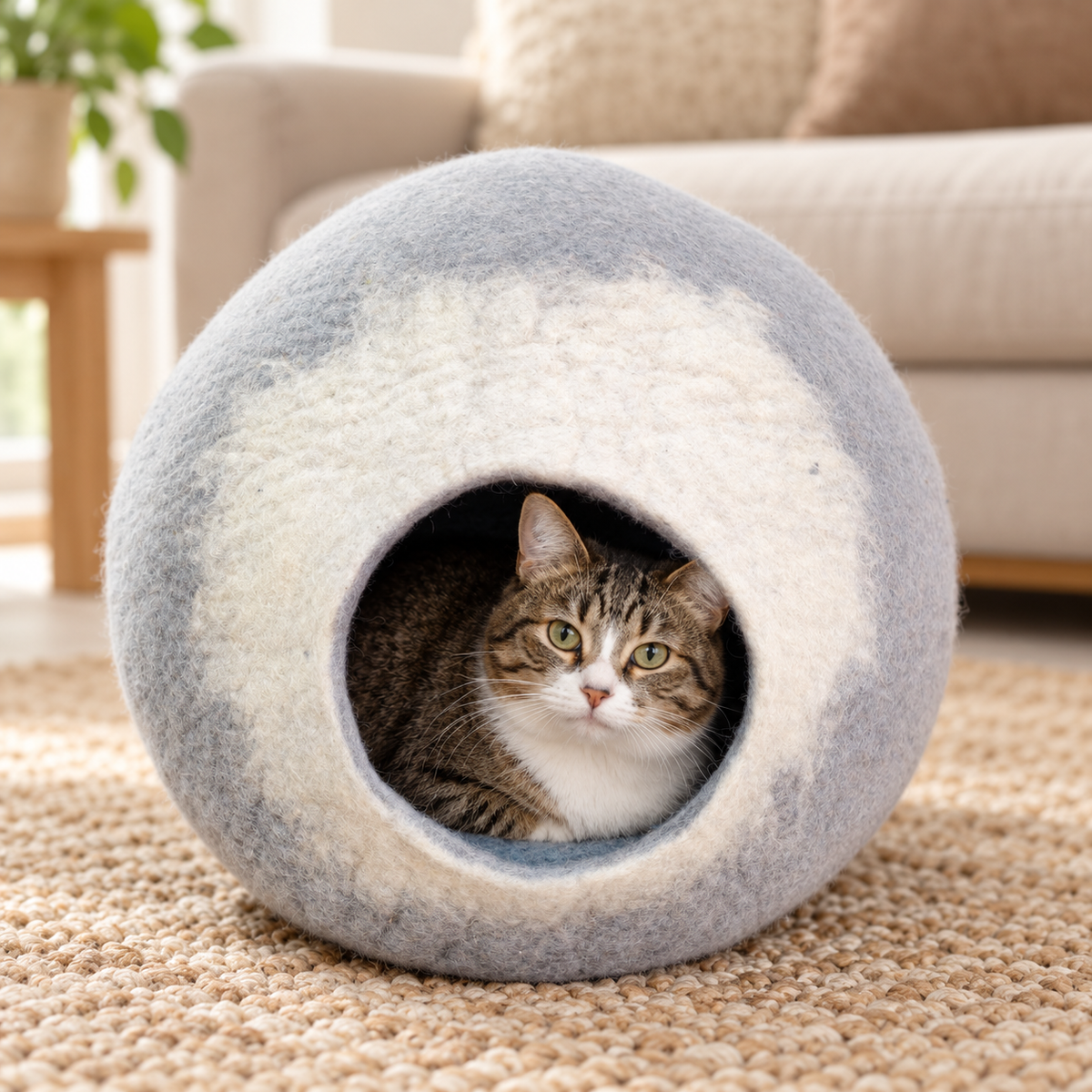 Natural tabby-and-white cat resting inside CC104 gray and white wool cave