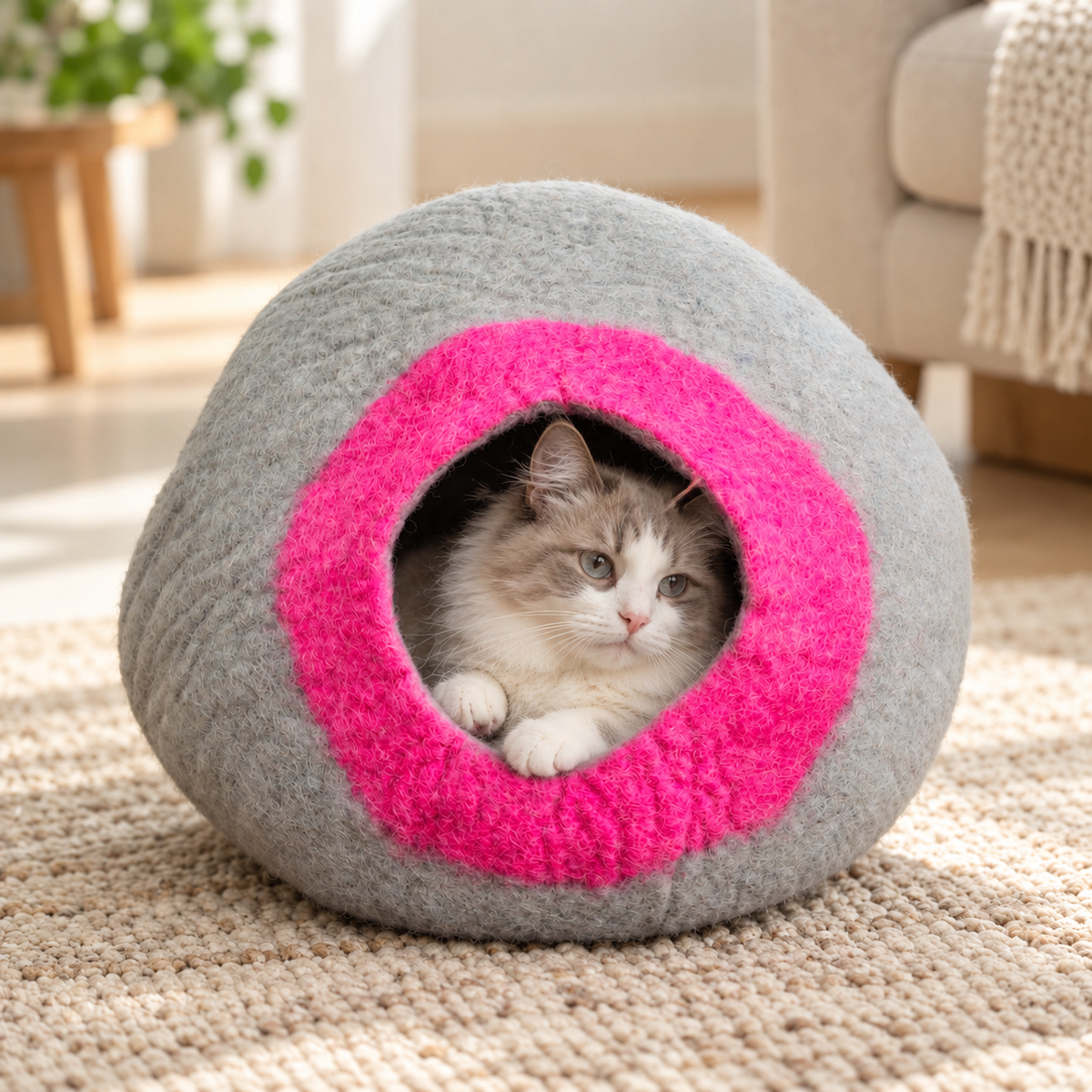 Natural cream-and-white kitty resting inside gray wool cat cave CC107 with bright pink entrance.