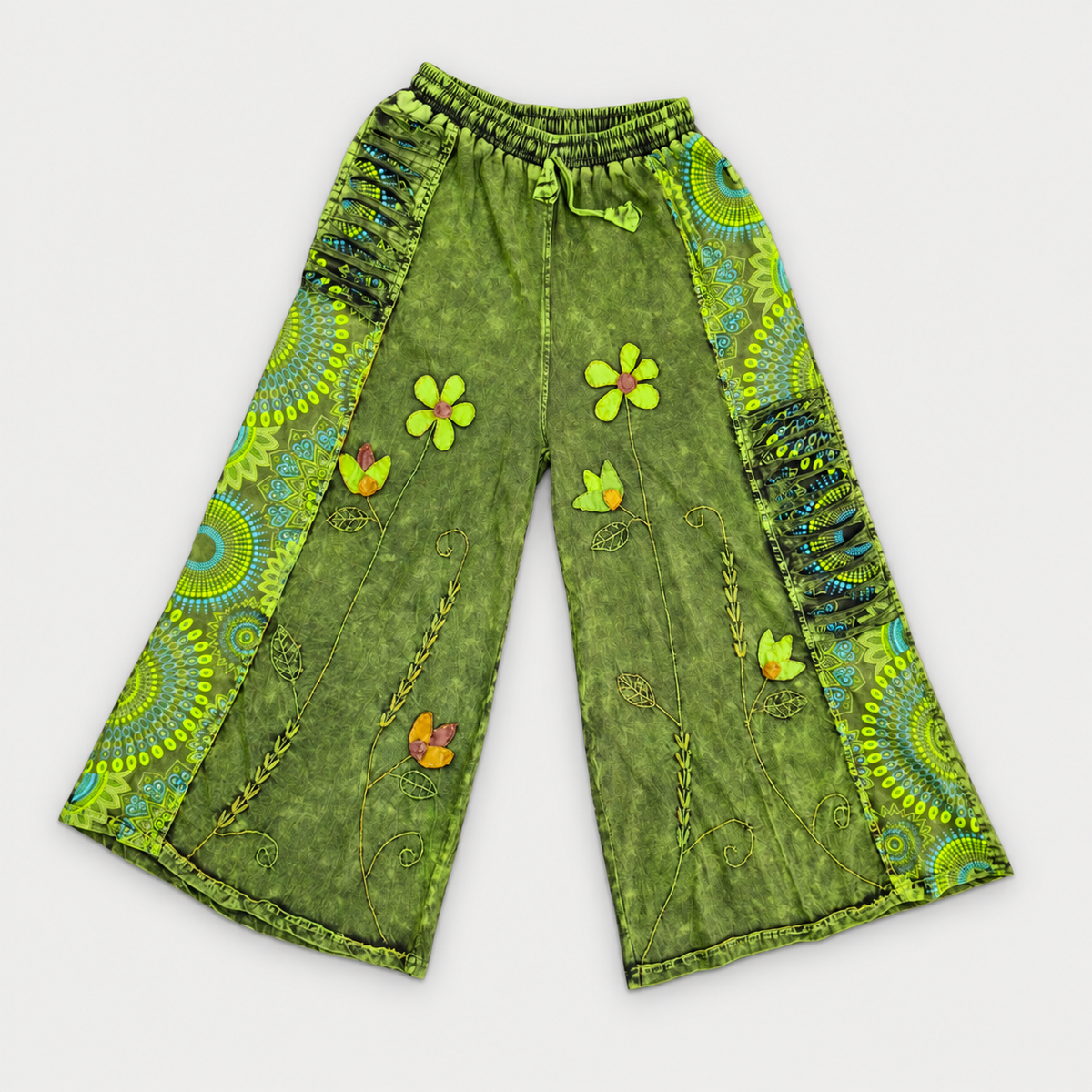 Green floral cotton pants, original front photo with cleaned light-gray background