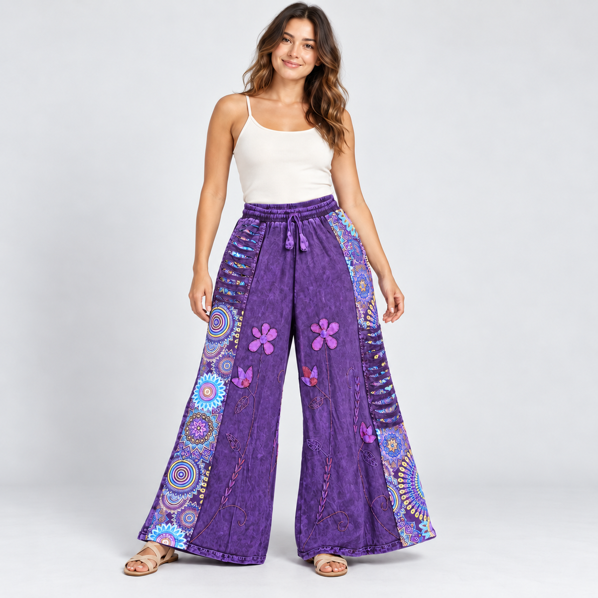 Model wearing purple floral cotton wide-leg pants