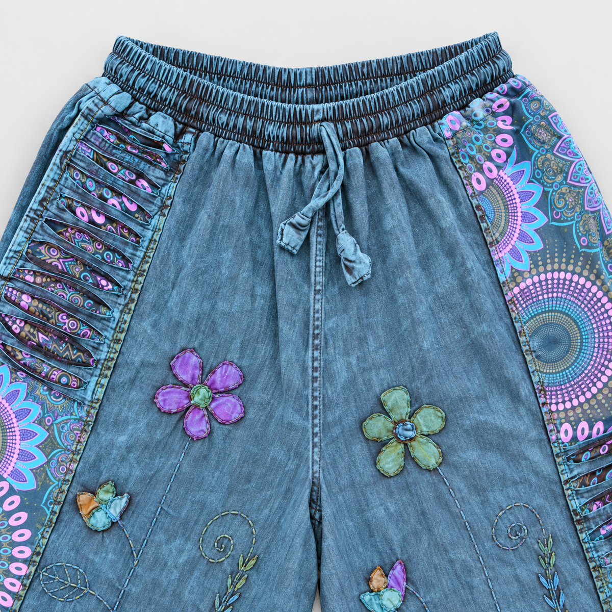 Blue elastic waistband and drawstring detail