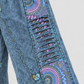 Blue patterned side panel and slash-cut fabric detail