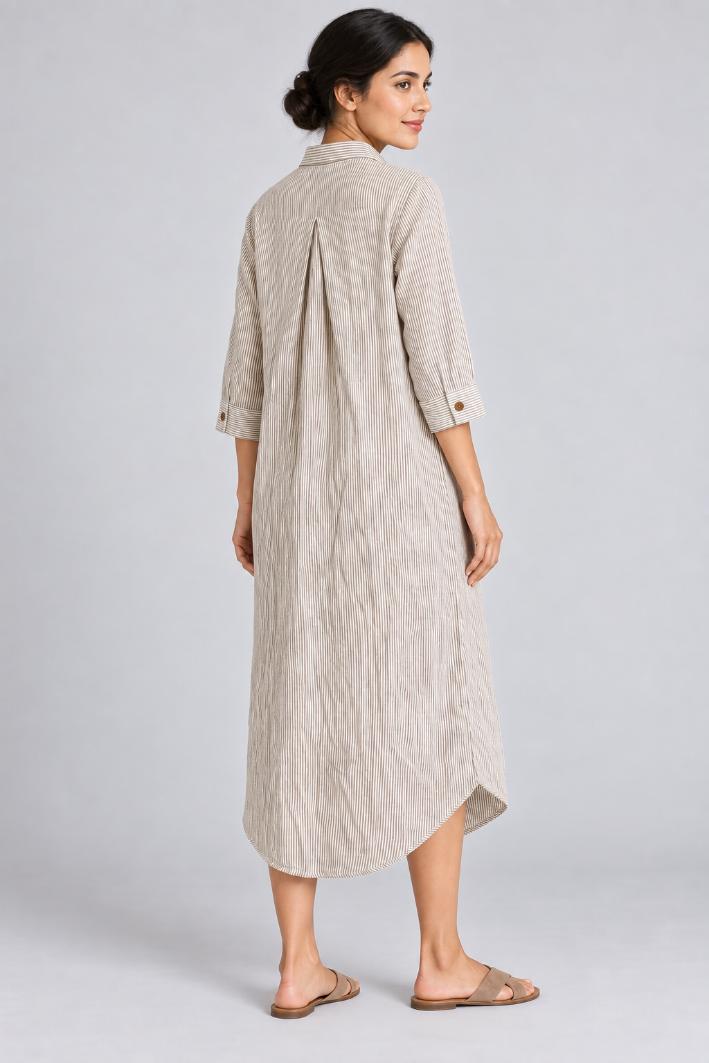 Beige Stripe Long Shirt Dress