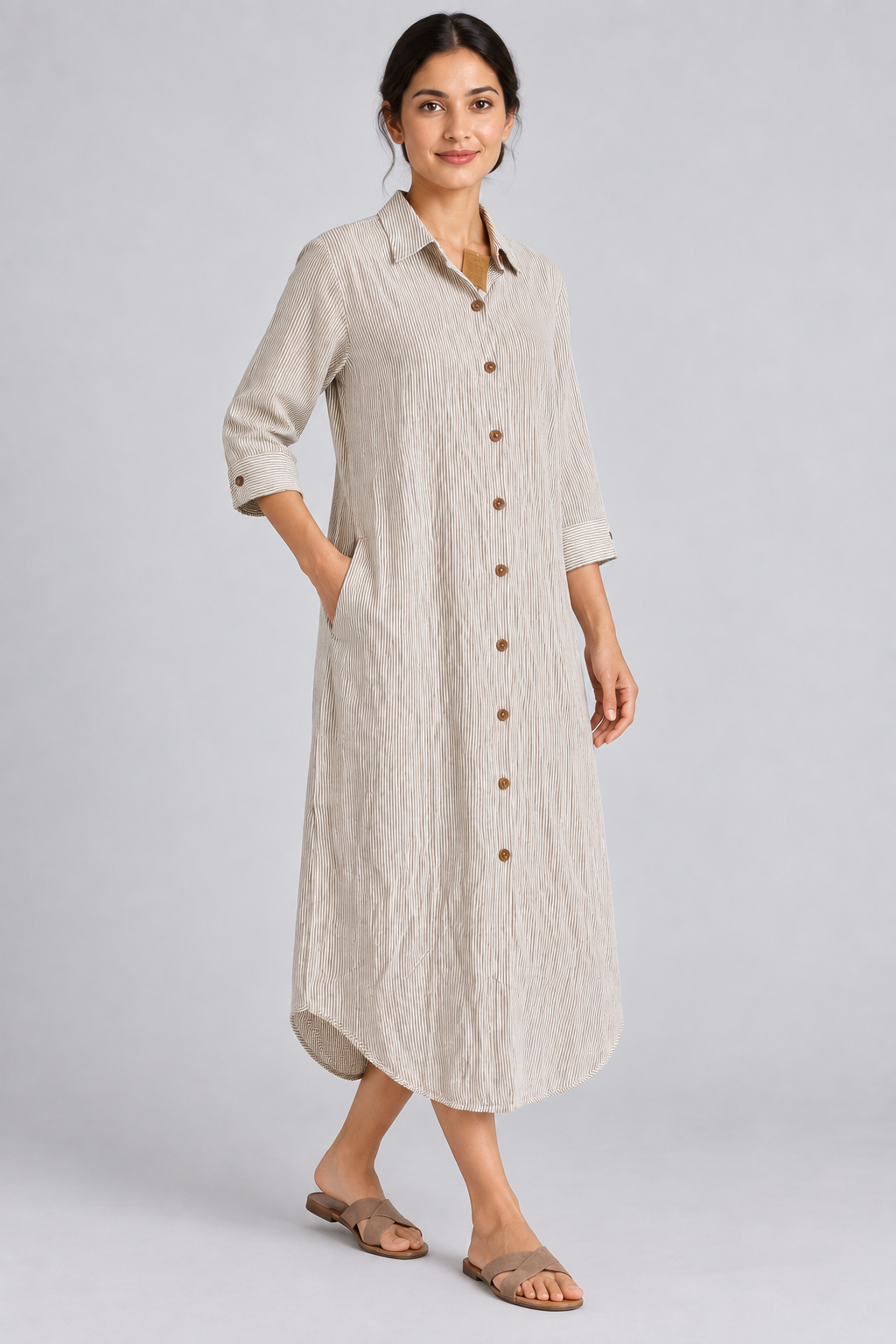 Beige Stripe Long Shirt Dress