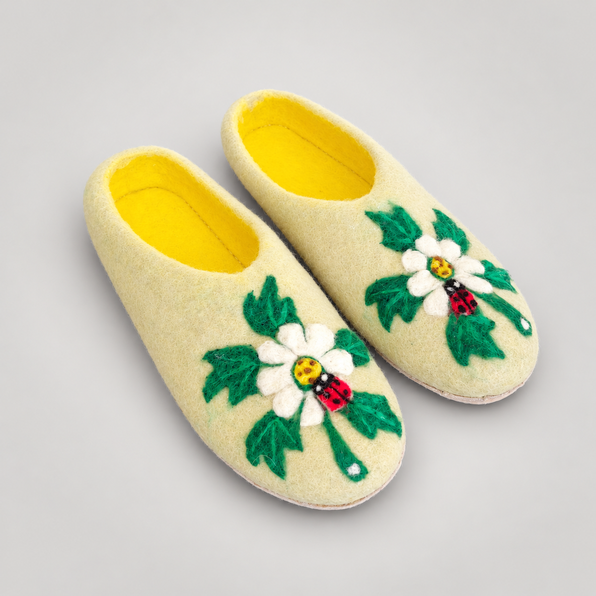 Yellow daisy and ladybug wool slippers, cleaned original front view