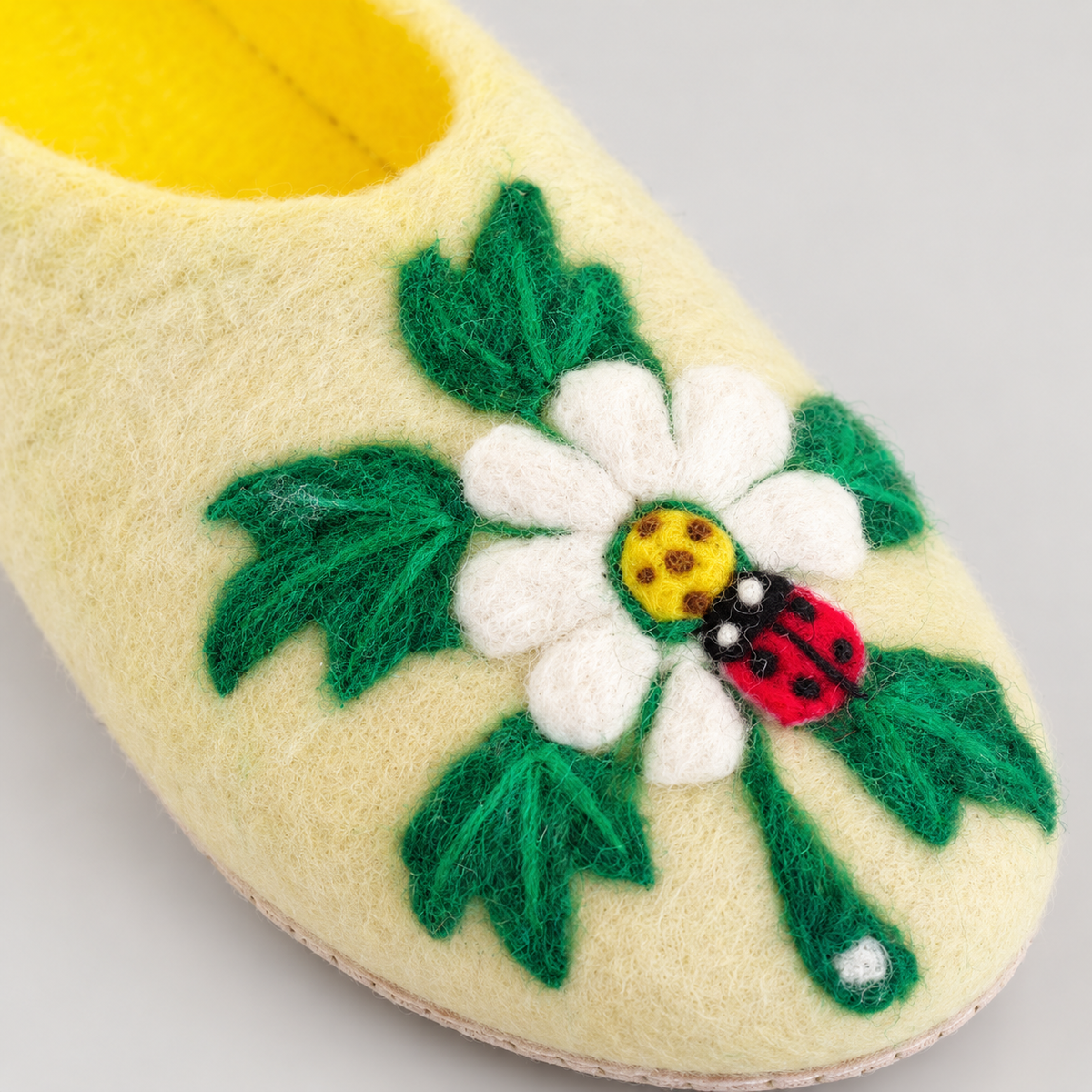 Daisy, ladybug and green leaf felt detail