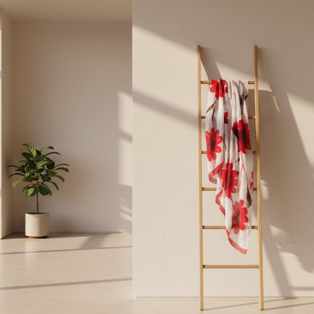 Hand-Felted White Silk Scarf with Red Floral Design
