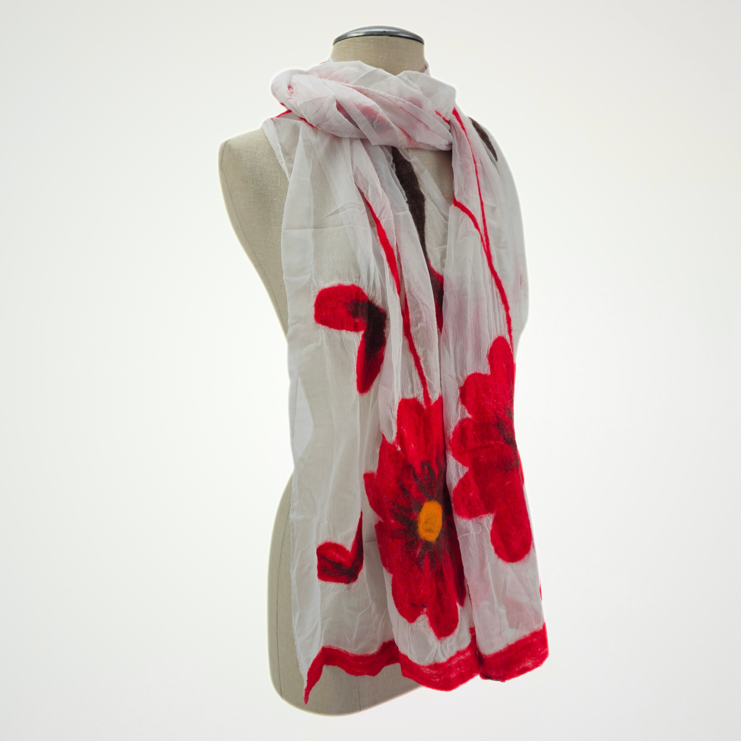 Hand-Felted White Silk Scarf with Red Floral Design