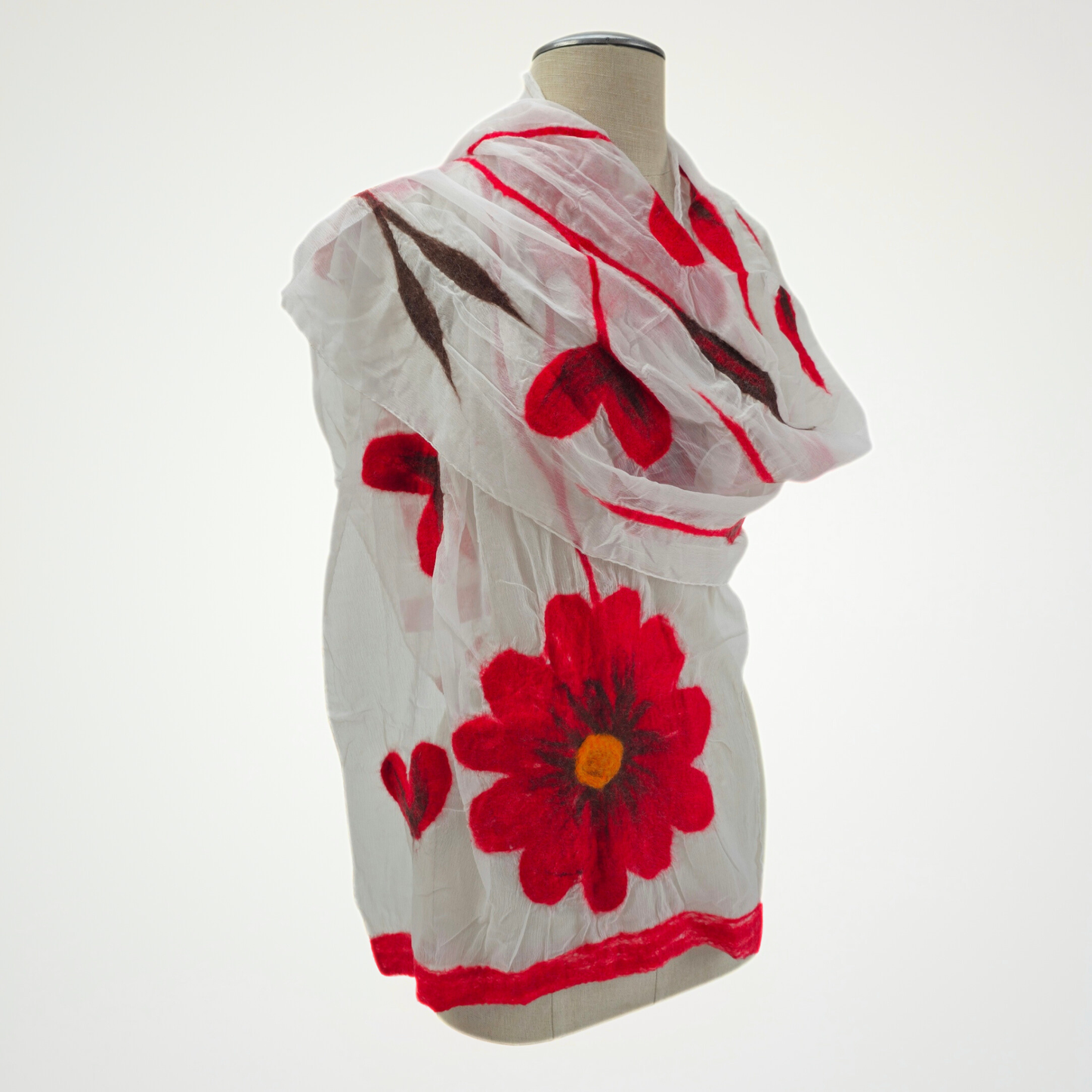 Hand-Felted White Silk Scarf with Red Floral Design