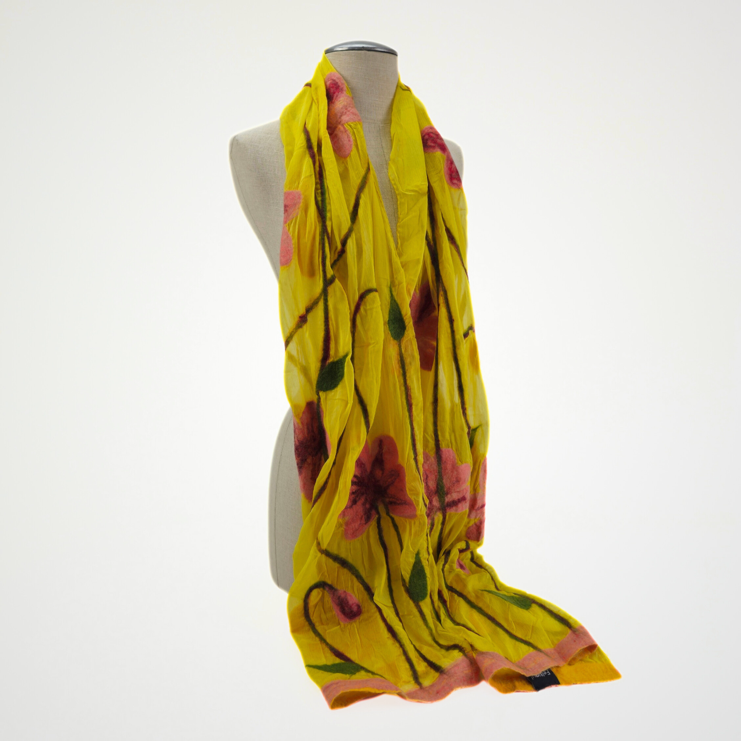 Hand-Felted Yellow Silk Scarf with Dusty Rose Floral Design