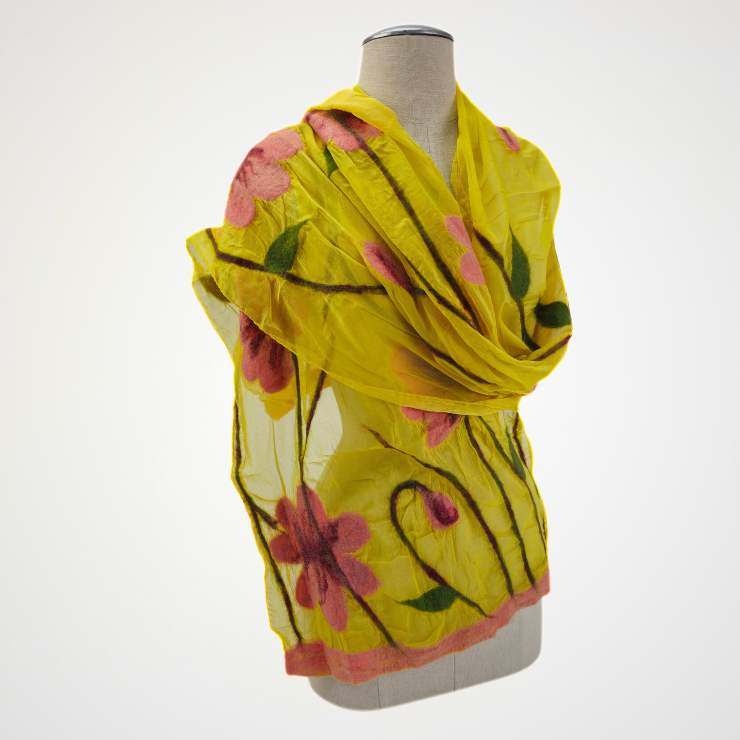 Hand-Felted Yellow Silk Scarf with Dusty Rose Floral Design