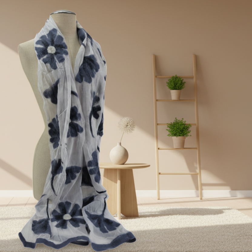 Hand-Felted White Silk Scarf with Gray Floral Design