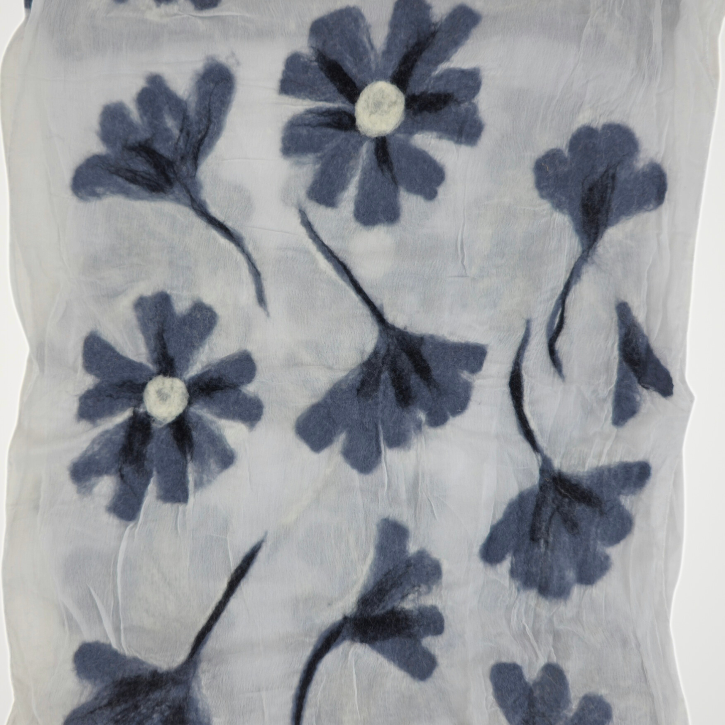Hand-Felted White Silk Scarf with Gray Floral Design