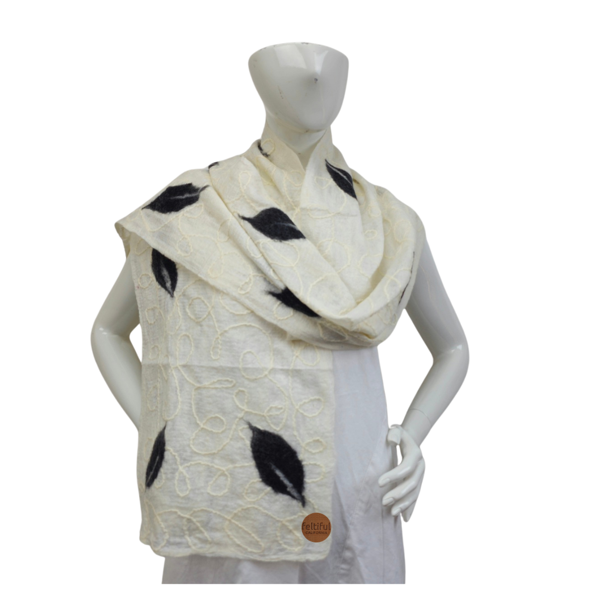 Merino Wool & Silk Black Leaf Felted Scarf