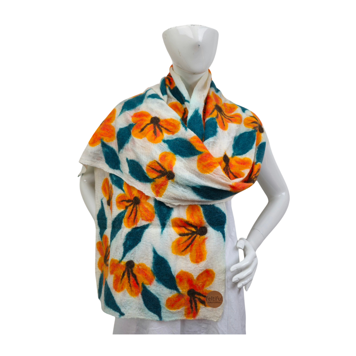 Merino Wool & Silk Orange Flower Felted Scarf
