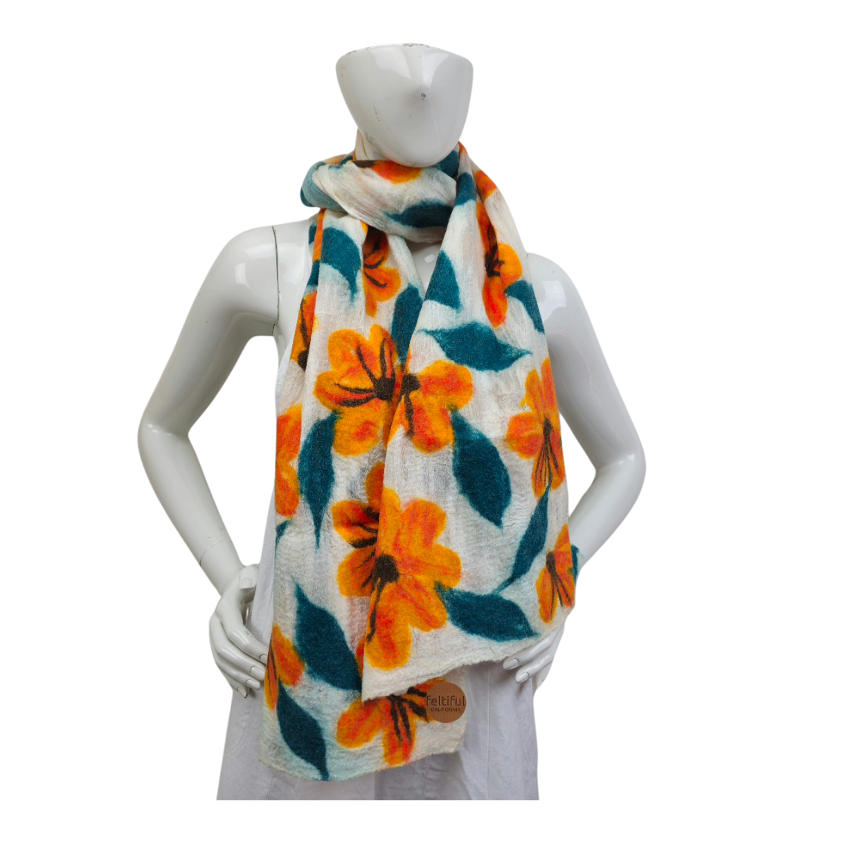 Merino Wool & Silk Orange Flower Felted Scarf