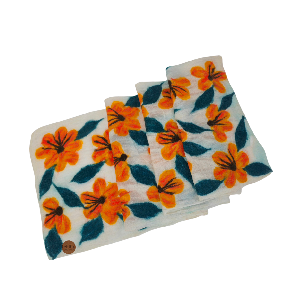 Merino Wool & Silk Orange Flower Felted Scarf