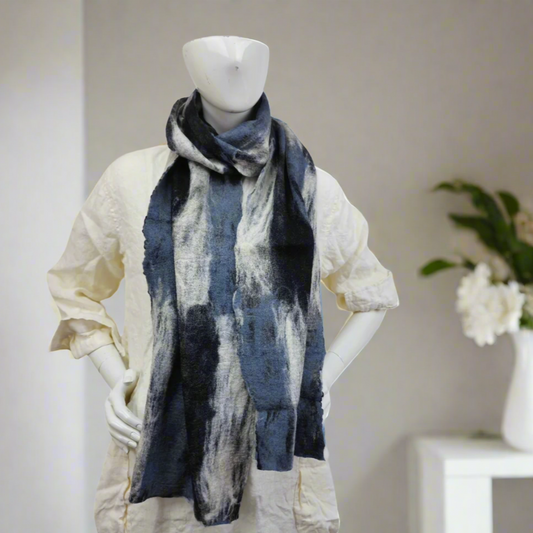 Gray, black and white wool nuno felted scarf