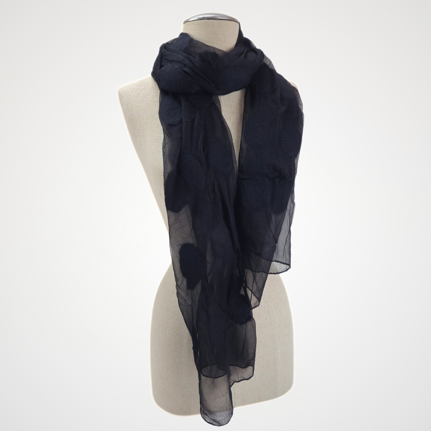 Black Silk Felted Scarf with White Polka Dots
