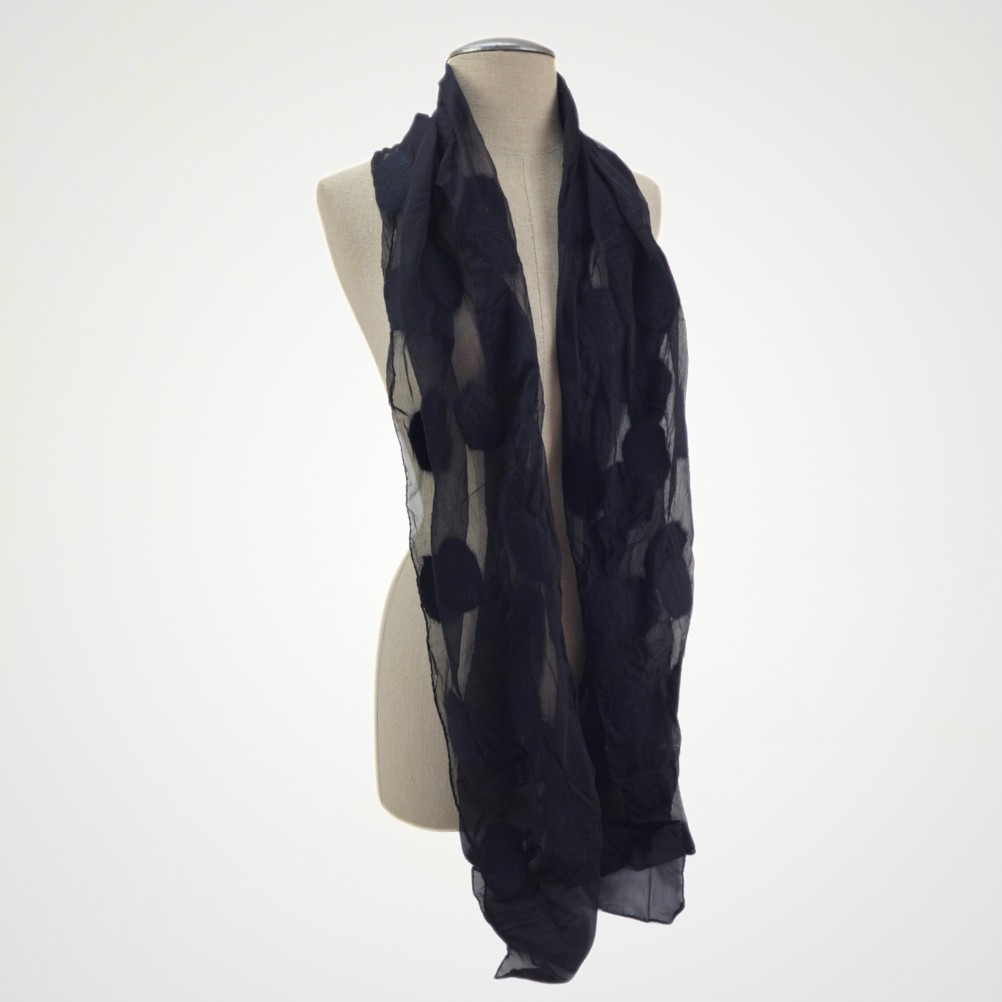 Black Silk Felted Scarf with White Polka Dots