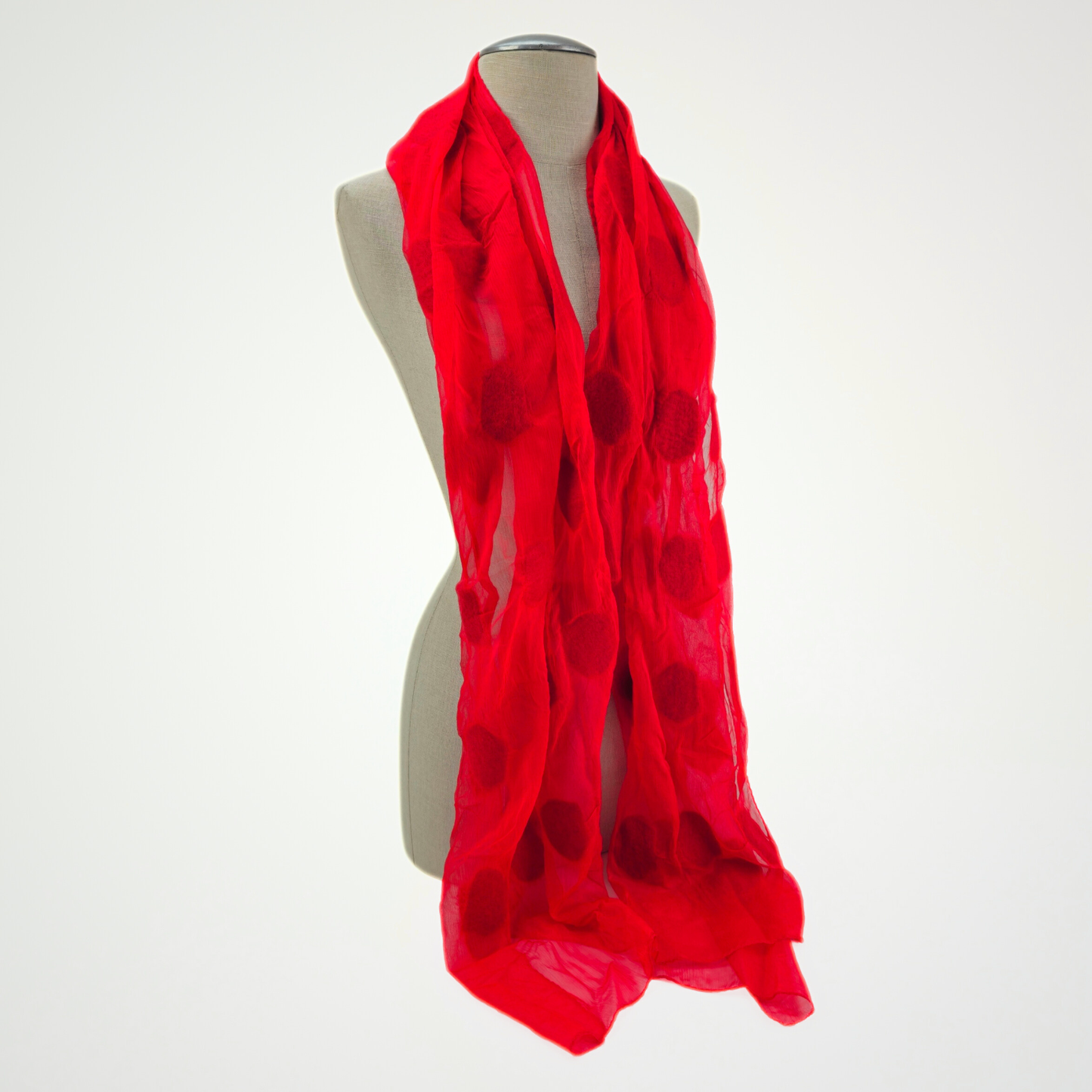 Red Silk Felted Scarf with White Polka Dots