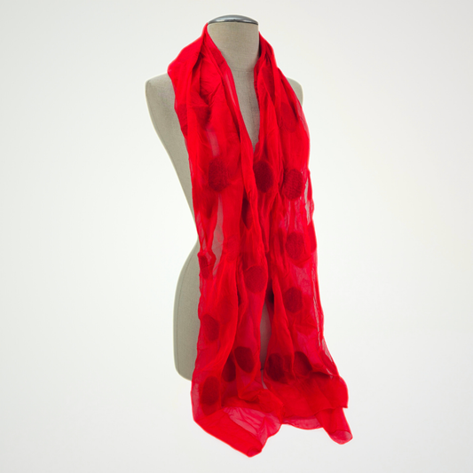 Red Silk Felted Scarf with White Polka Dots