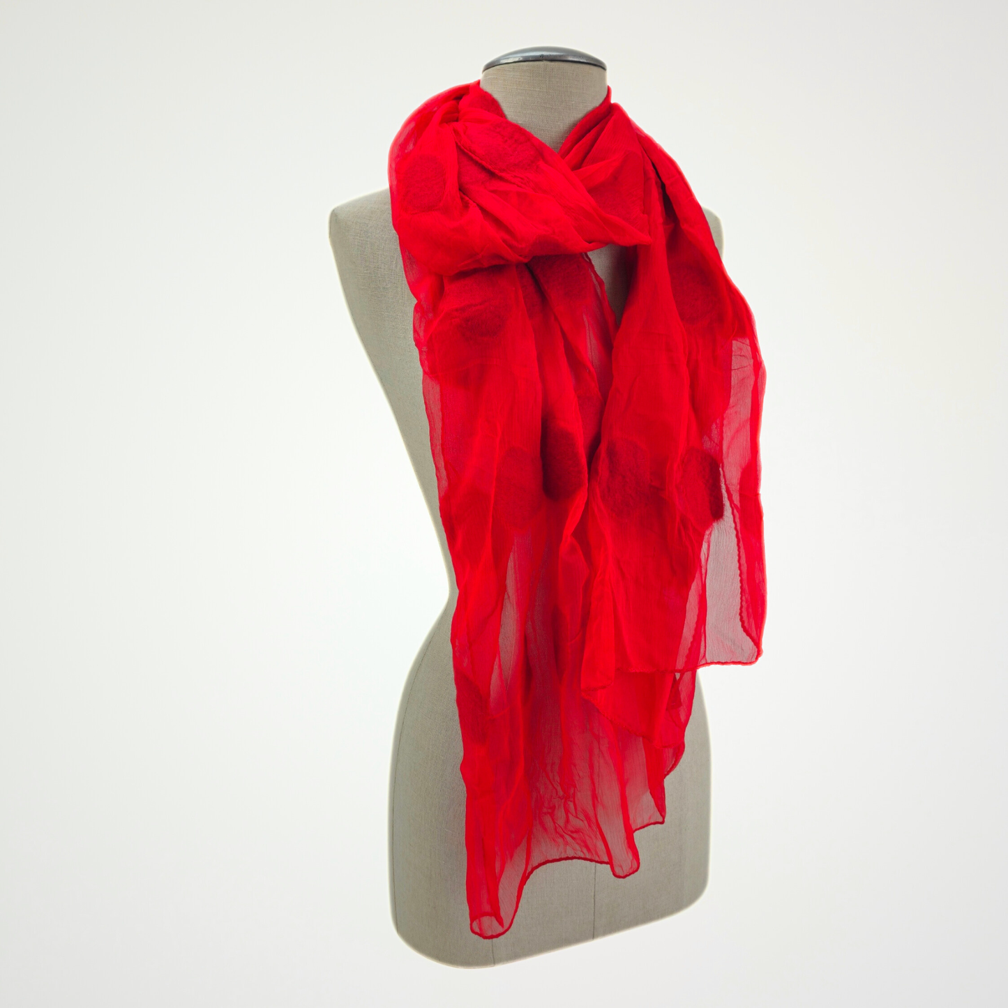 Red Silk Felted Scarf with White Polka Dots