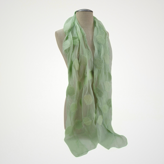 Pastel Mint Silk Felted Scarf with White Polka Dots