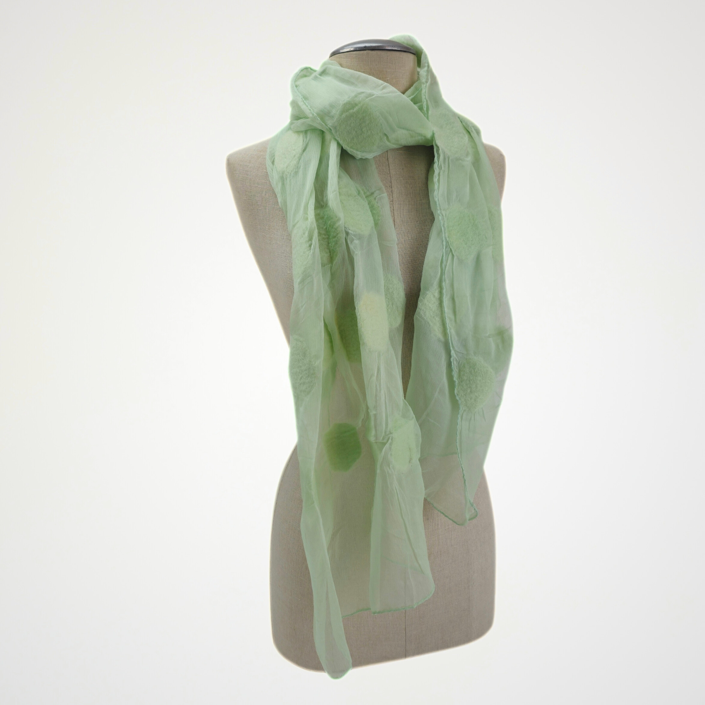 Pastel Mint Silk Felted Scarf with White Polka Dots