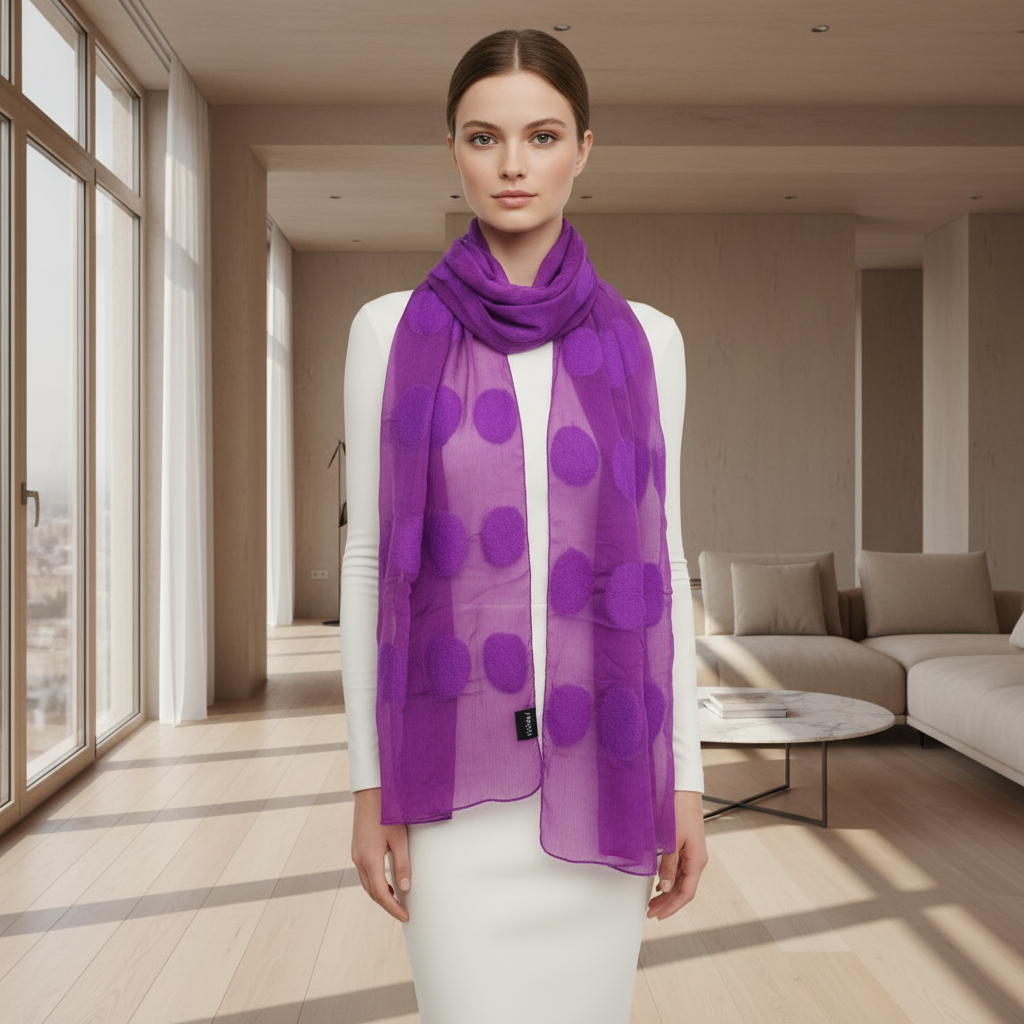 Violet Silk Felted Scarf with White Polka Dots