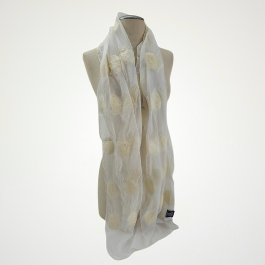 White Silk Felted Scarf with White Polka Dots