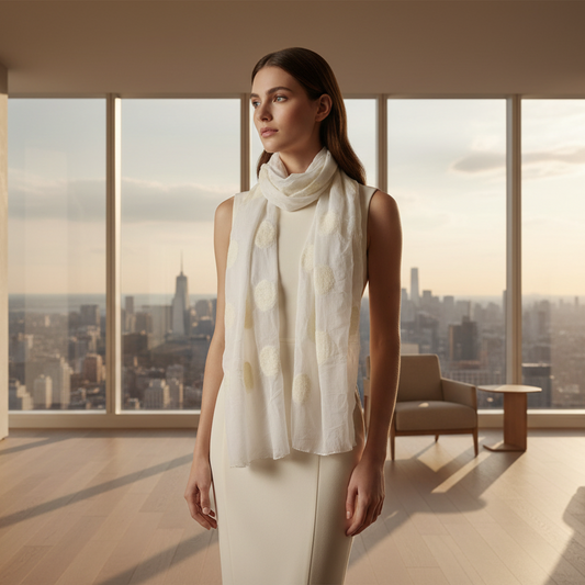 White Silk Felted Scarf with White Polka Dots
